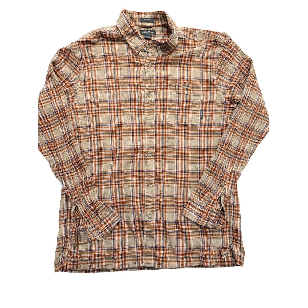 Eddie‎ Bauer Shirt Mens Large Beige Plaid Long Sleeve Button Up Classic Fit